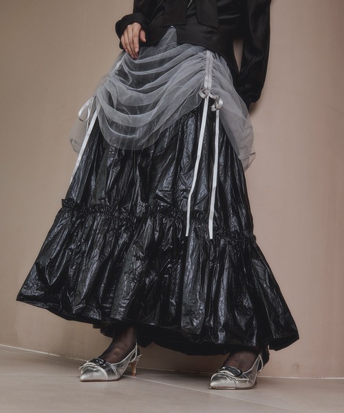 Ezick スカート 2way tulle layered メタリックティアードスカート