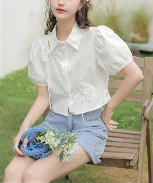 by muni:r ブラウス シャツ ラブリーパフリボンブラウス レディース