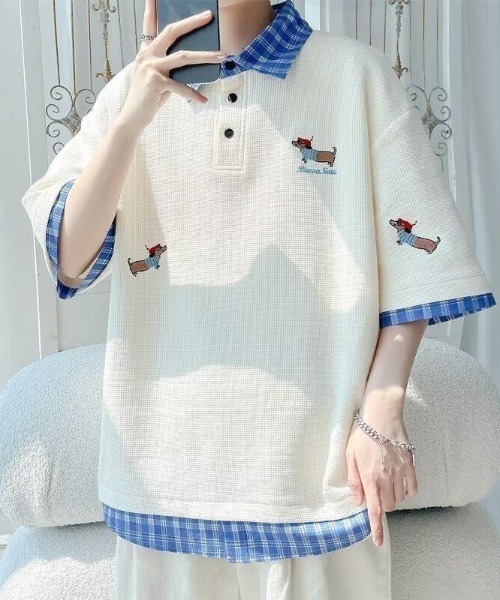 FreeZone tシャツ レイヤード風チェック襟ポロシャツ メンズ