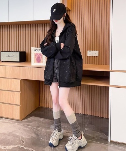 パーカー ラメグリッターオーバーサイズジップフーディー/キラキラ