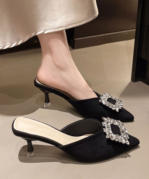 LOWO パンプス ビジュー ポインテッドトゥ ミュール パンプス サンダル