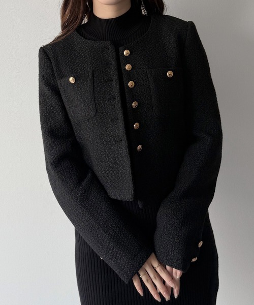 mipiarl ジャケット ノーカラージャケット 金釦ツイードノーカラー