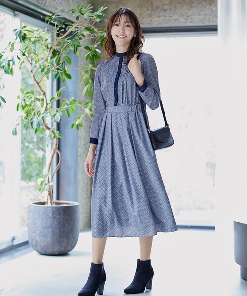 Tiaclasse シャツワンピース 配色バンドカラー幾何学柄ワンピース