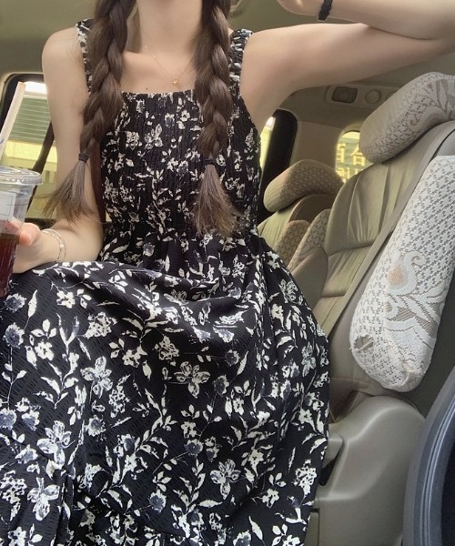 DIAVEL ワンピース ノースリーブ 花柄シャーリングロングキャミ