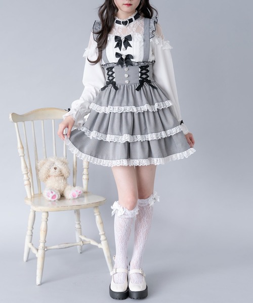 DearMyLove スカート ハートビジューレースアップリボンフレアスカート