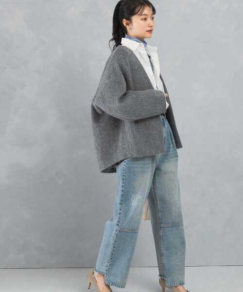 ジャケット ノーカラージャケット モヘア混シャギーミドルジャケット