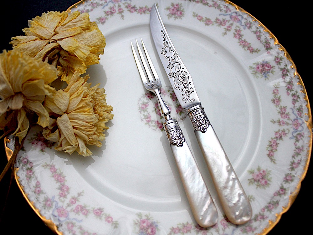 Sold 白蝶貝デザートセット6客用 ナイフフォーク、純銀ブレード