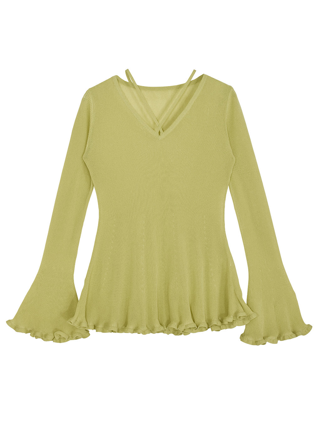 SHEER FRILL V NECK KNIT TOP