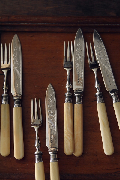 アイボリーハンドルデザートナイフアンドフォーク 羊歯のエングレー