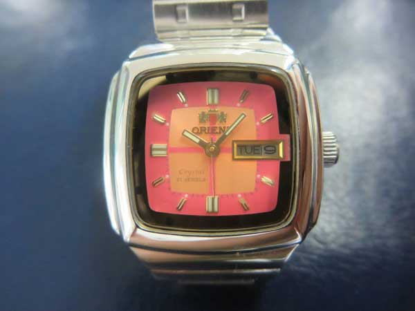 JA-0710| オリエント クリスタル スクエアケース ピンクダイアル 自動