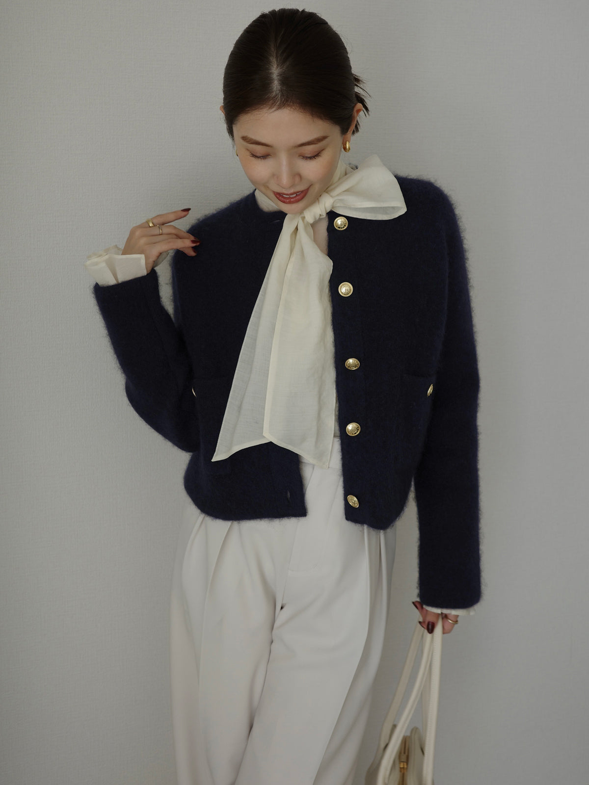 カシミヤブレンドノーカラーニットジャケット