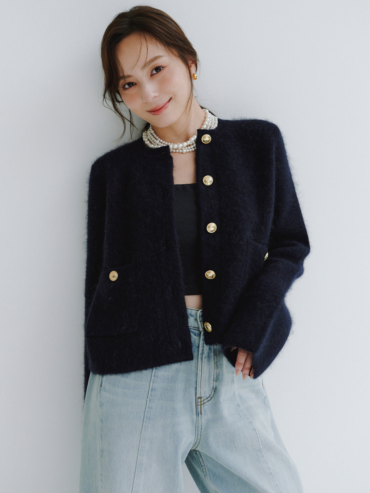 カシミヤブレンドノーカラーニットジャケット