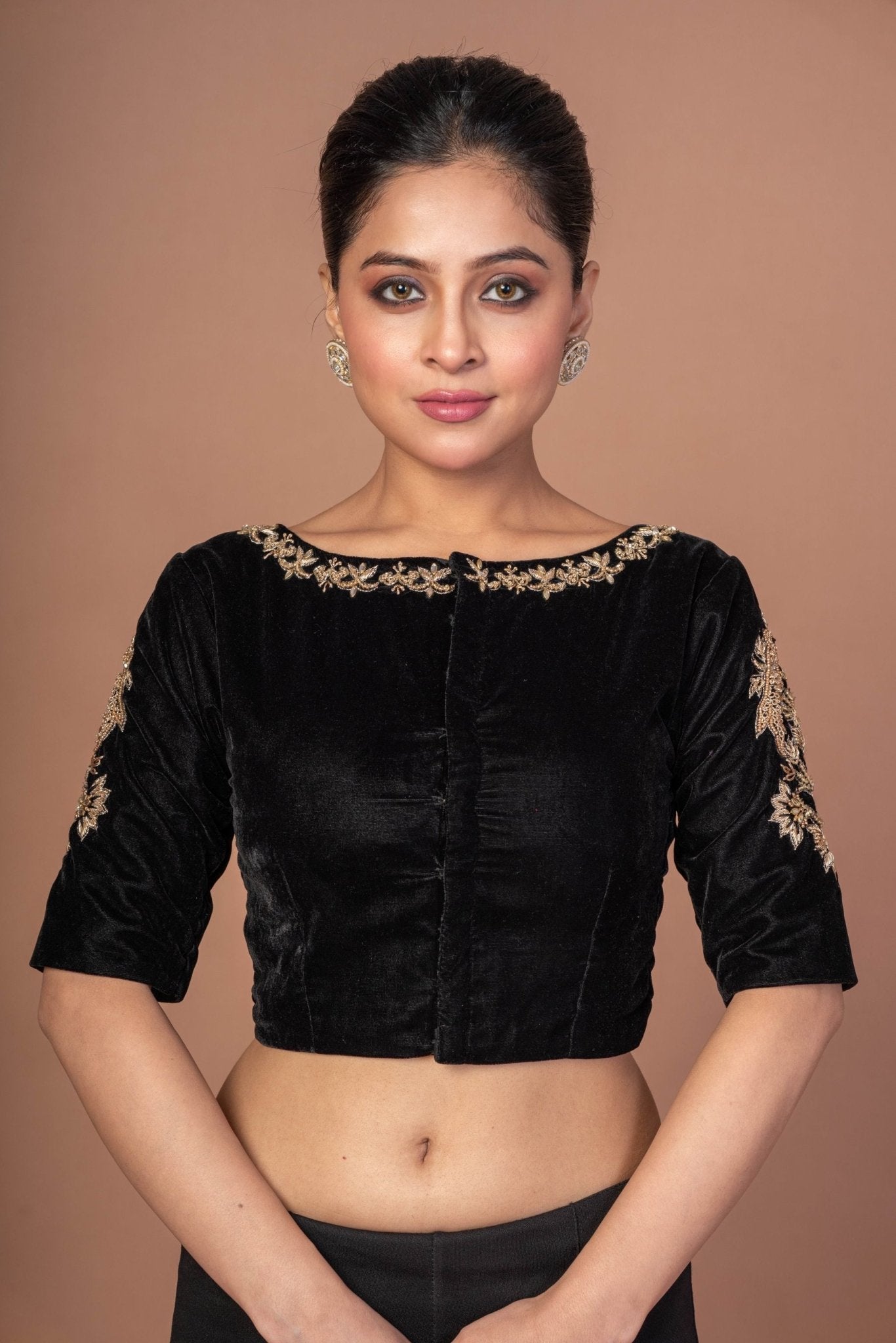 Buy Black Velvet Blouse with Hand Embroidered Work – Anvi Couture