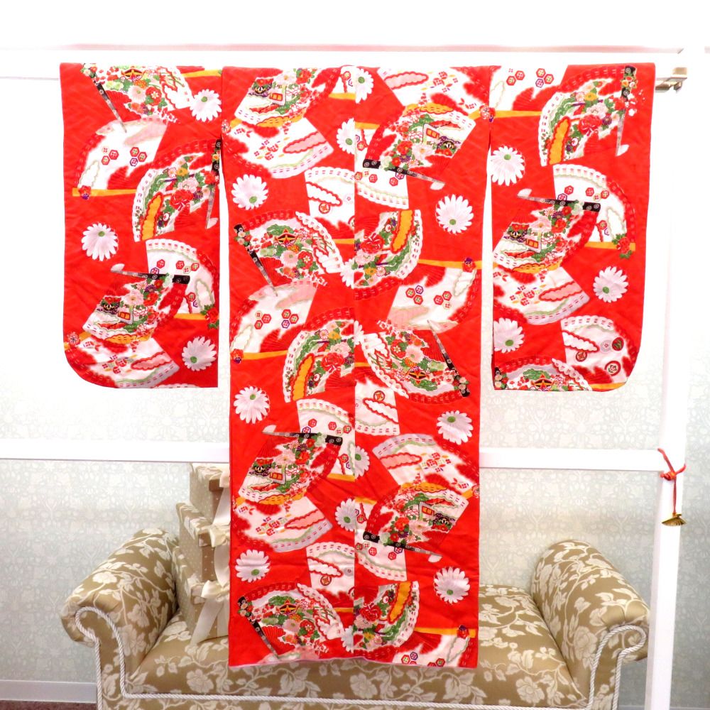 子供着物 アンティーク 昔 赤 多色 扇 御所車 冊子 花 雲 宝文様 女児