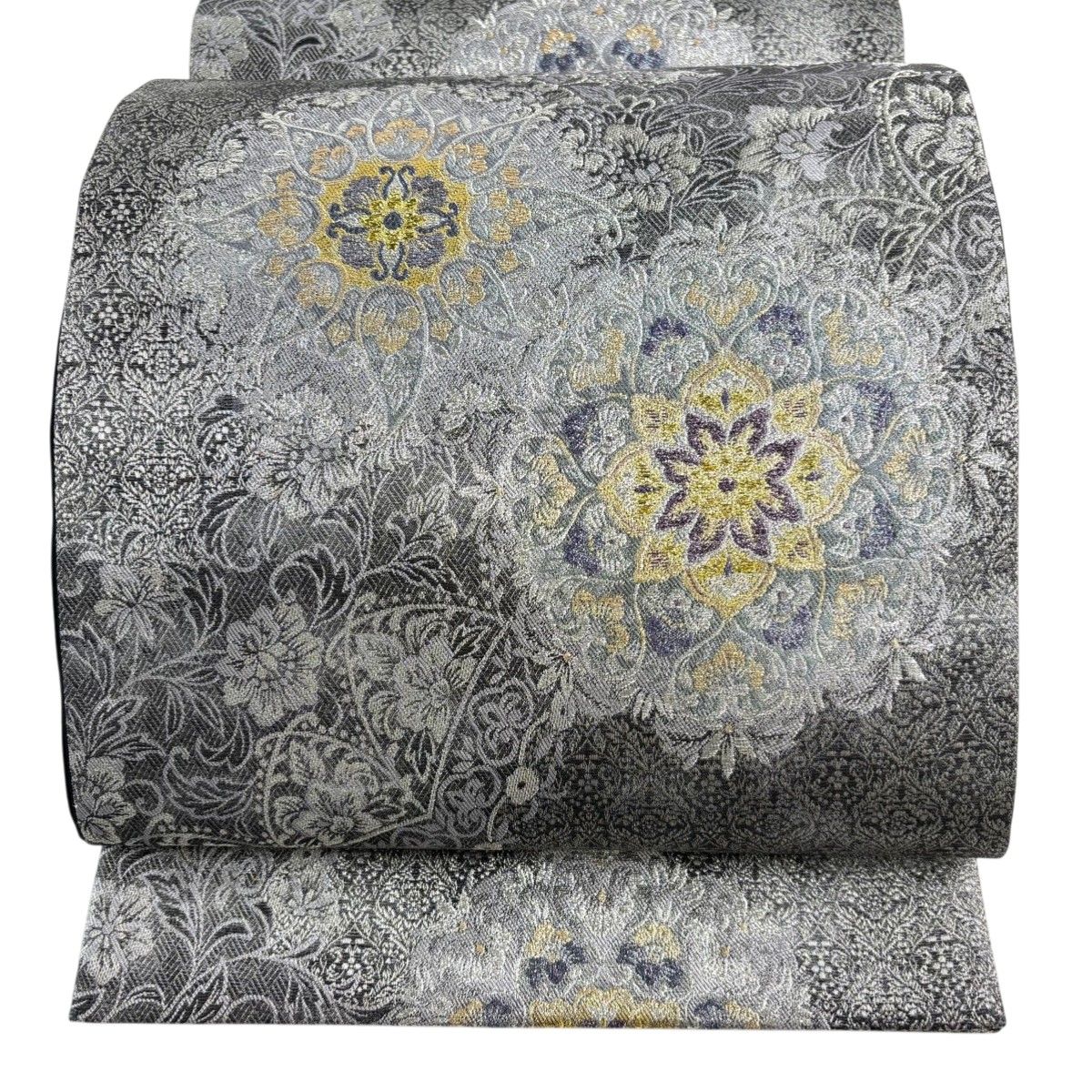 美品】 袋帯 秀品 華文 花唐草 銀糸 箔 黒灰 六通 正絹 【中古
