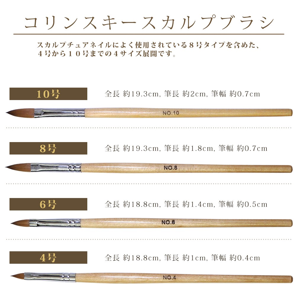 スカルプブラシ 筆 コリンスキー 4号、6号、8号、10号 ネイル ジェル