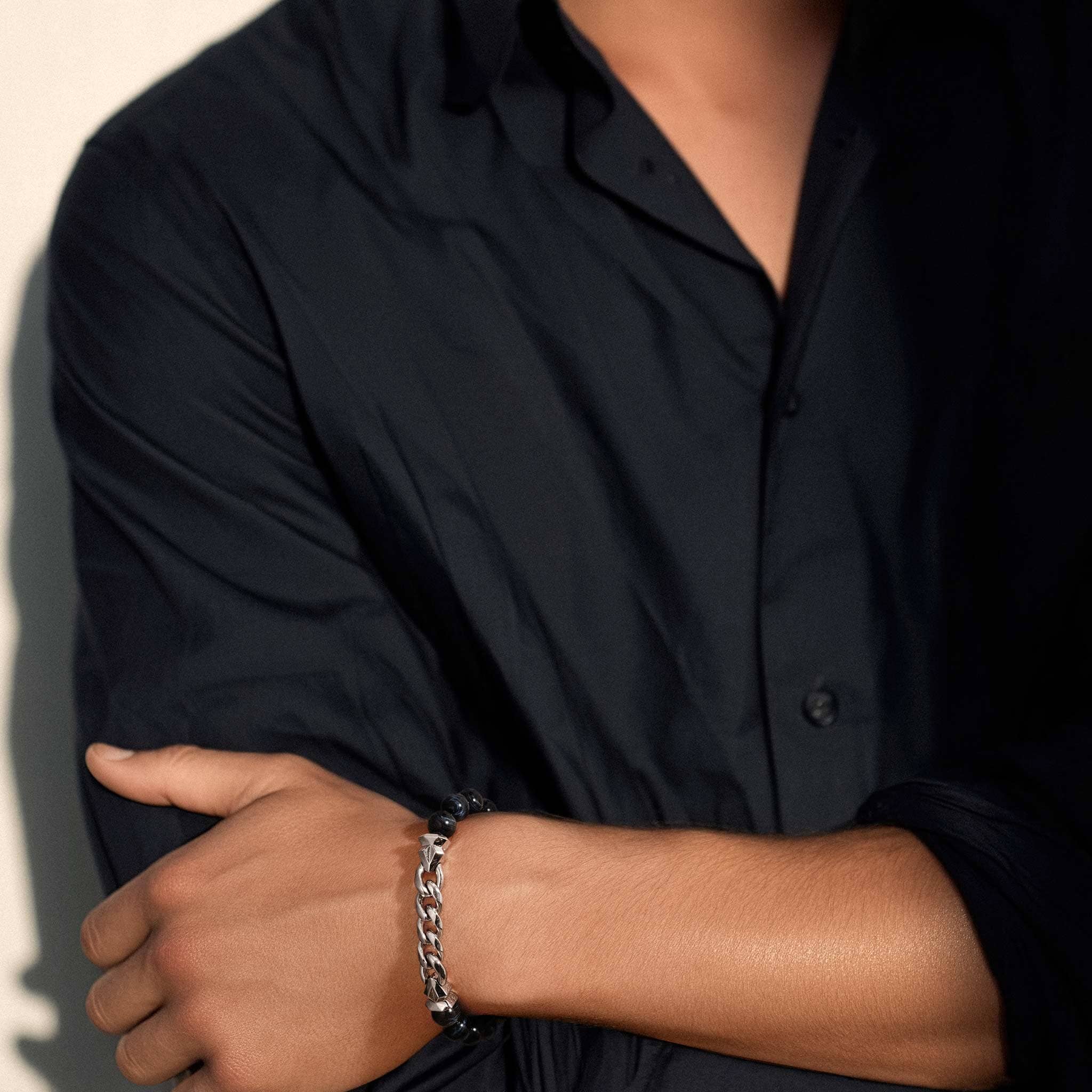 AWNL メンズ ブルータイガーアイ ブレスレット｜ハーフチェーン 喜平