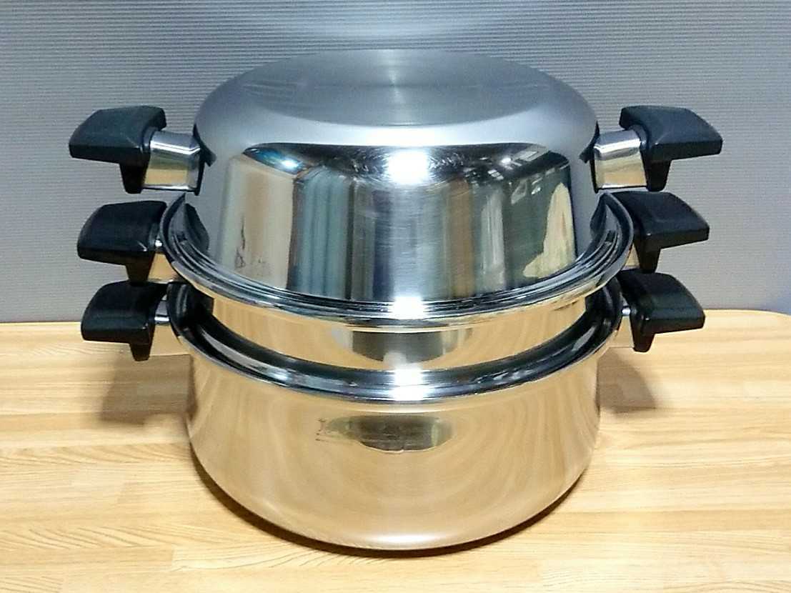 ロイヤルクイーン3点セット(蓋付き両手鍋 6コート、大スティーマー、大