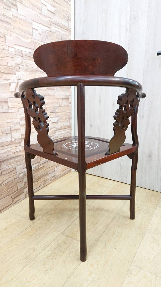 ② 螺鈿細工 椅子 チェア 花鳥図 貝細工 木製 アームチェア ダイニング
