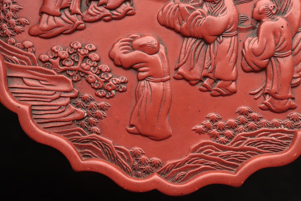 HZ071 清 乾隆丁巳年製 未使用 朱砂墨 径11.5cm 重548g・御墨 浮雕人物