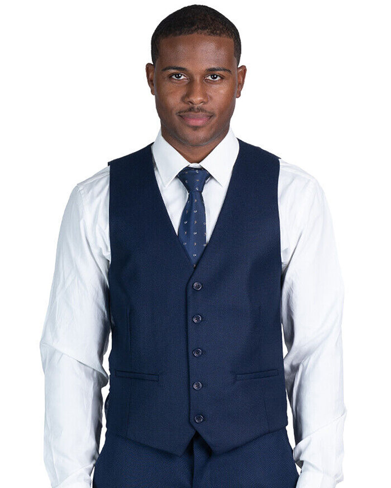 Navy Blue Micro Textured Weave Vest 5 Button Adjustable Back Strap