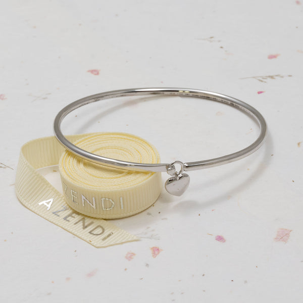 Sterling Silver Heart Charm Hook Bangle - Azendi
