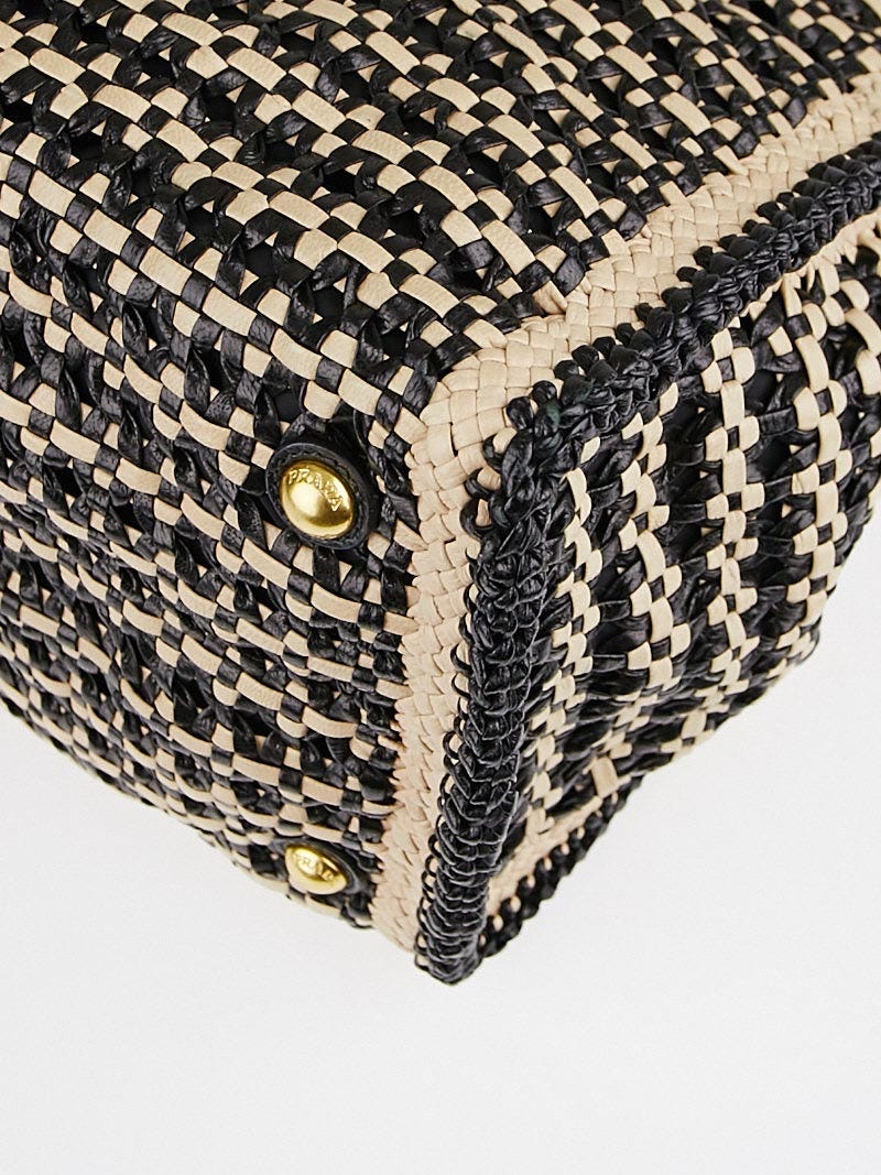 Prada Beige/Black Woven Goatskin Leather Madras Tote Bag BN2658