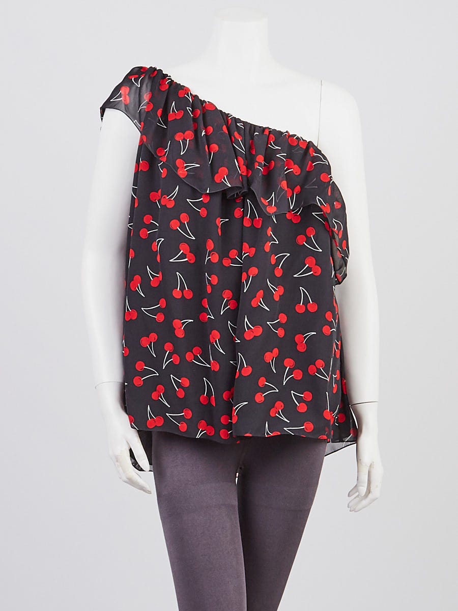 Yves Saint Laurent Black Silk Cherry Print One Shoulder Blouse