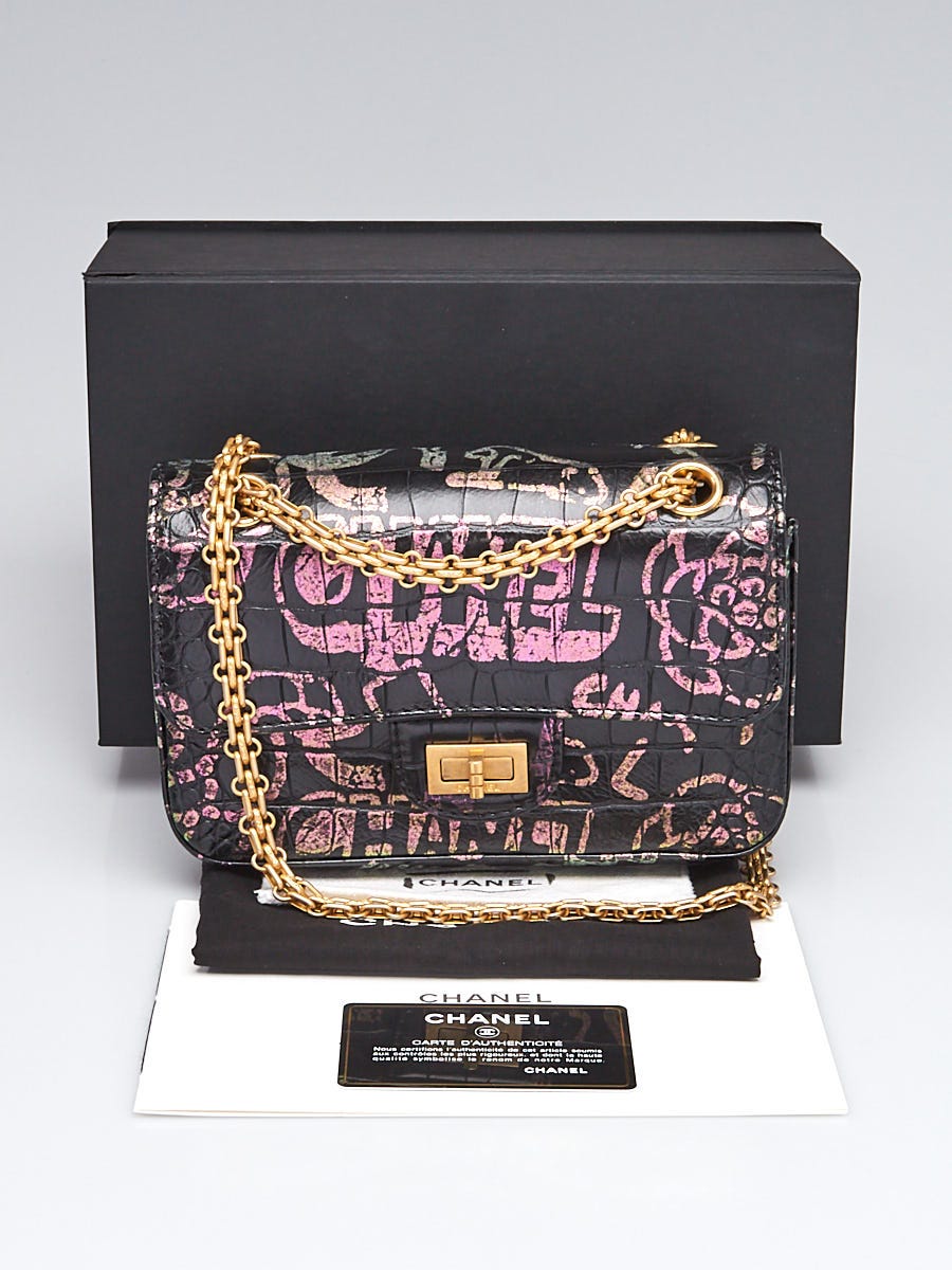 Chanel Black 2.55 Reissue Croc Embossed Leather Graffiti Print 224