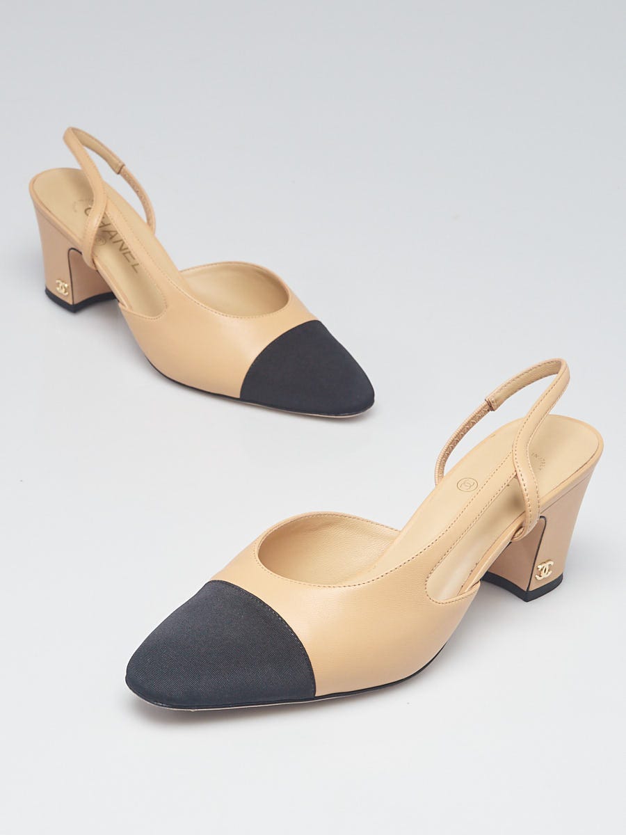 Chanel Beige/Black Leather Cap Toe Slingback Heels Size 8.5/39