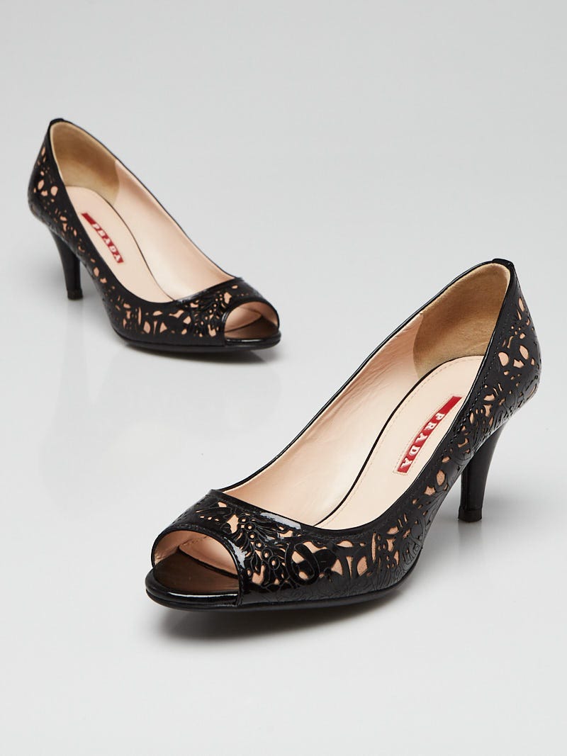 Prada Black Patent Leather Floral Laser Cut Peep Toe Pumps Size 5