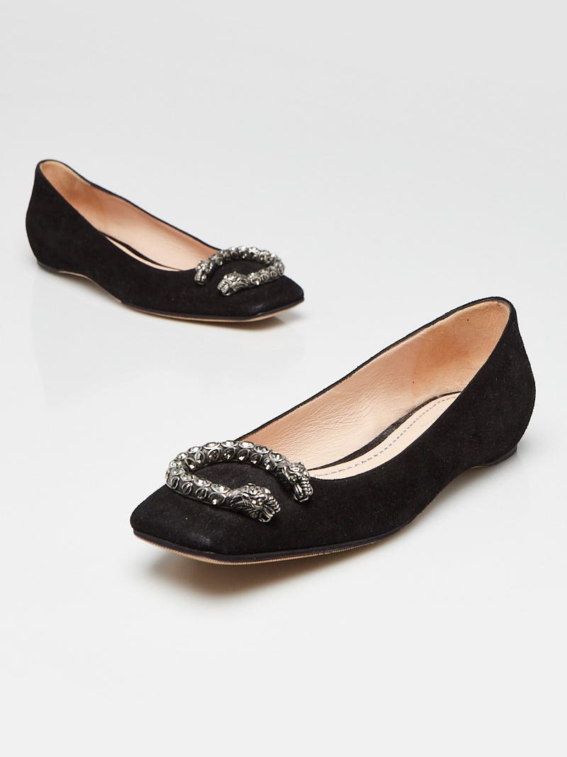 Gucci Black Suede Dionysus Embellished Square Toe Flats Size 3.5