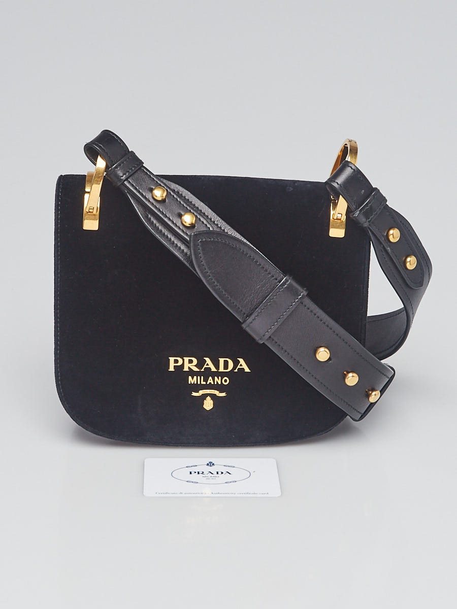 Prada Black Velvet Pionniere Saddle Bag 1BD039 | Yoogi's Closet