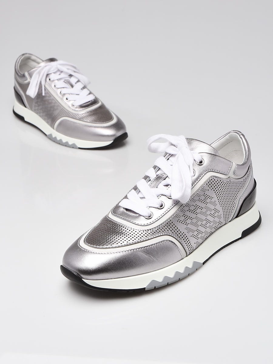 Hermes Silver Perforated Calfskin Leather C-Addict Sneakers Size