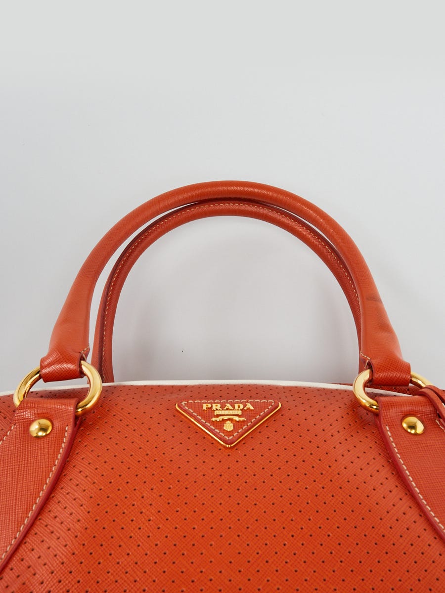 Prada Orange Vitello Drive Leather Perforated Bowler Bag | Yoogi's