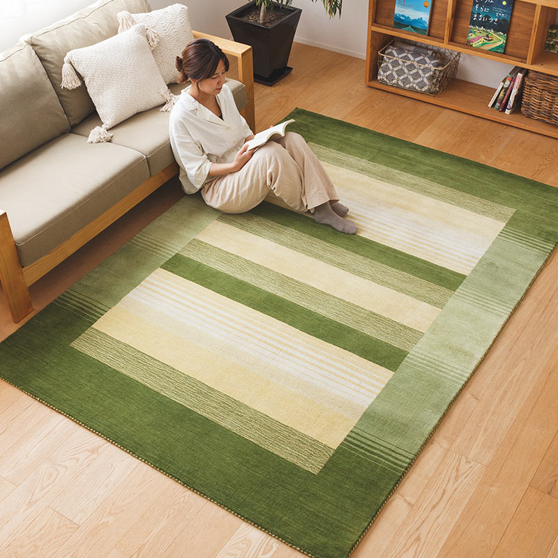 天然素材の厚手ウールラグ [ハグみじゅうたん]フレームグリーン/ER6194