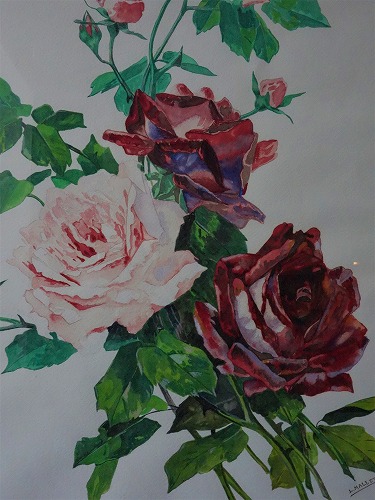 西洋アンティーク フランス 薔薇の絵 水彩・ガッシュ・サイン アート