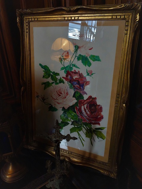 西洋アンティーク フランス 薔薇の絵 水彩・ガッシュ・サイン アート