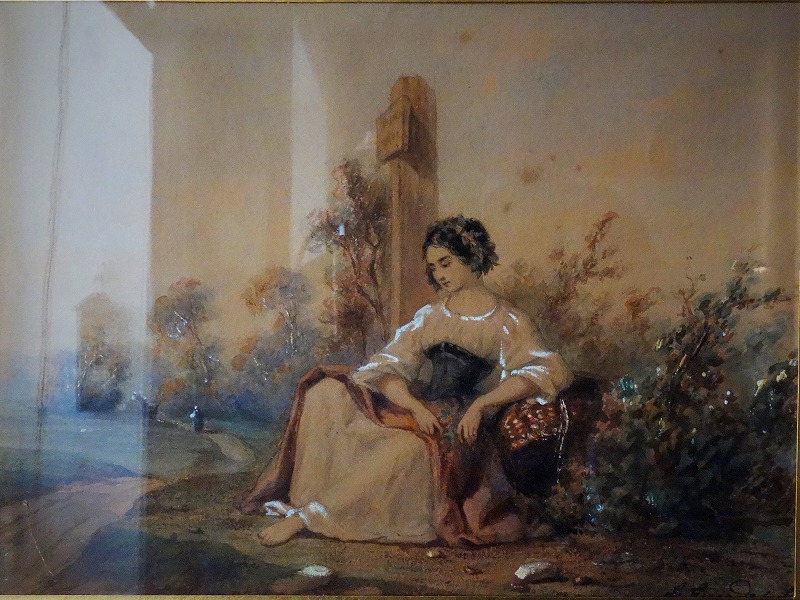 西洋アンティーク フランス 19世紀 ロマン派水彩画 金彩額 アート