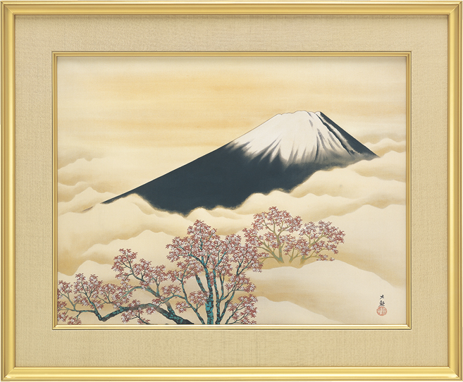 横山大観　作　霊峰飛鶴　リトグラフ　日本画　二重箱　　シール　美品 横山大観 「 霊峰飛鶴 」 彩美版 ・ シルクスクリーン ・本金泥使用