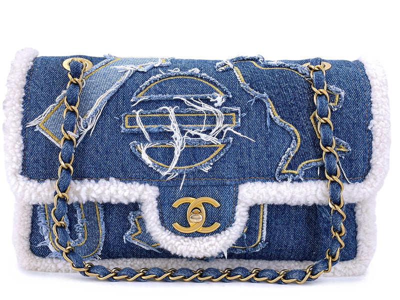 Chanel 19A Egyptian Denim Blue Shearling Hieroglyphic Medium Flap