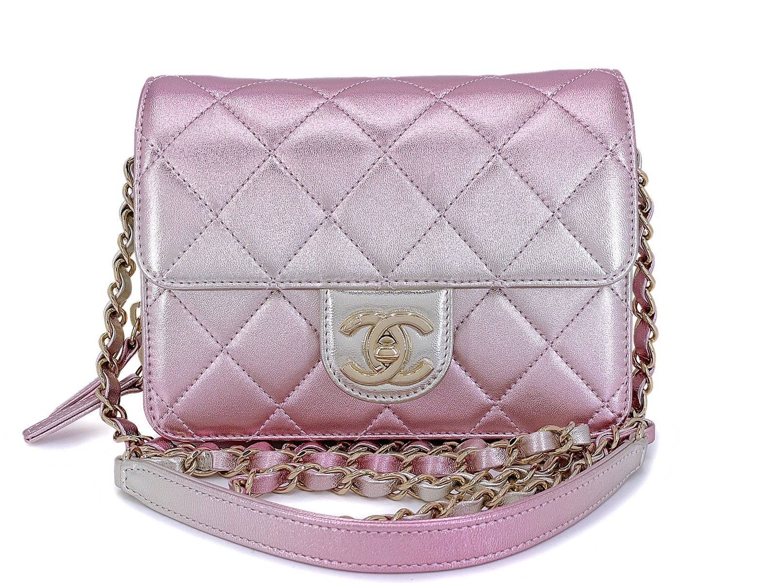 Chanel 22C Metallic Mermaid Ombre Pink Mini Wallet Flap Bag GHW