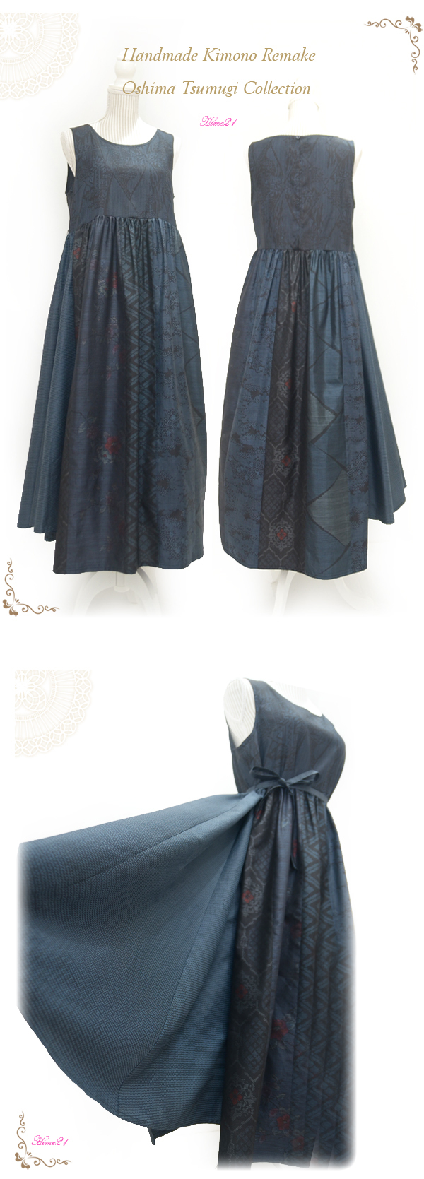 大島紬多種仕立て】背中オープン☆大人のアシンメトリーワンピース