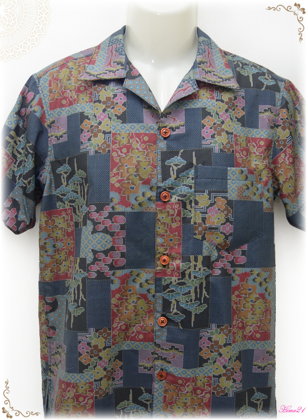 メンズ【大島紬のアロハシャツ】Mサイズ/開襟シャツ*かりゆし(和柄