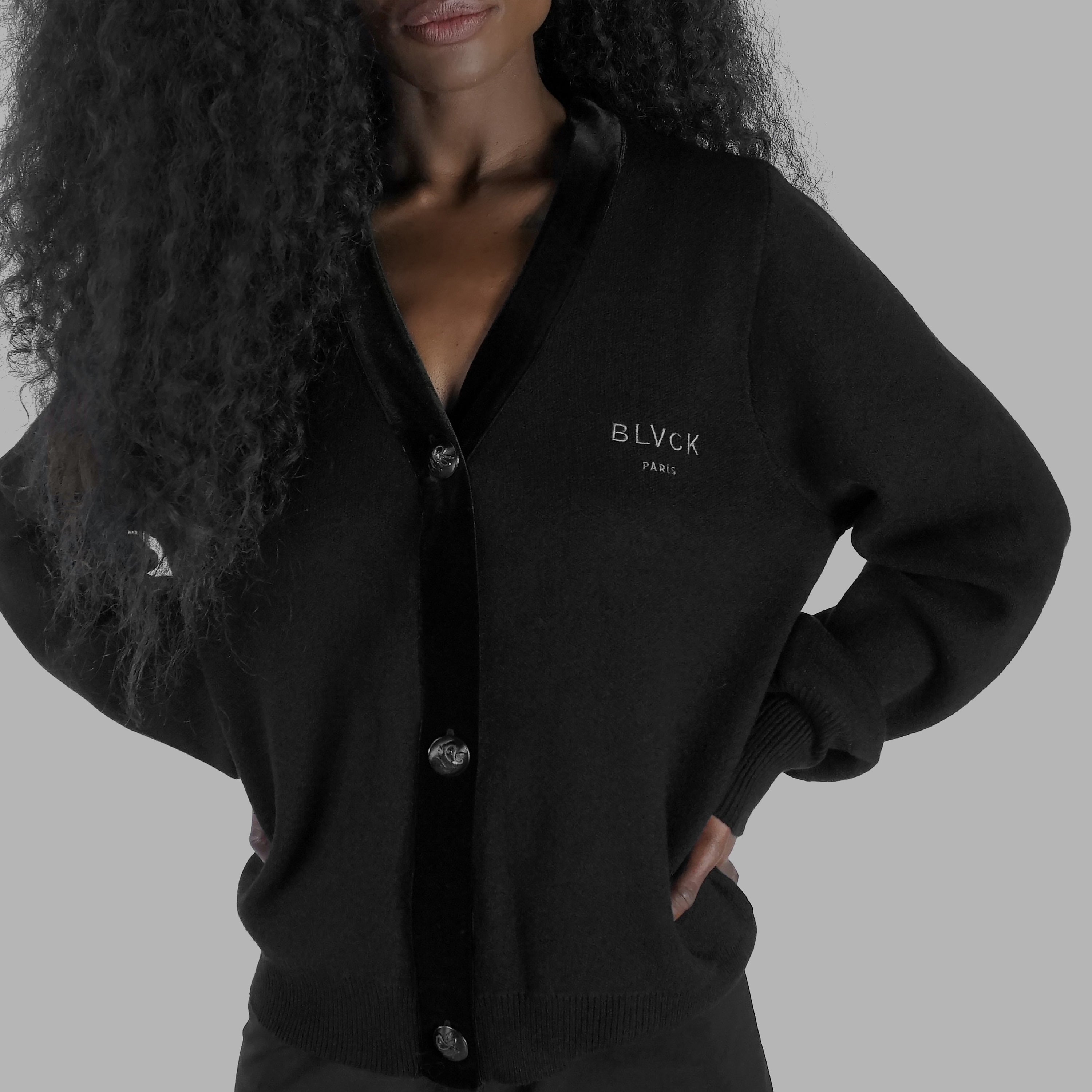 Blvck Paris | Black Velvet Detail Cardigan in Velvet, Wool and