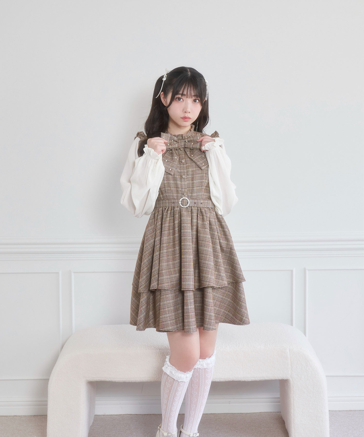 パール付きリボンチェックワンピース – BUNNY APARTMENT