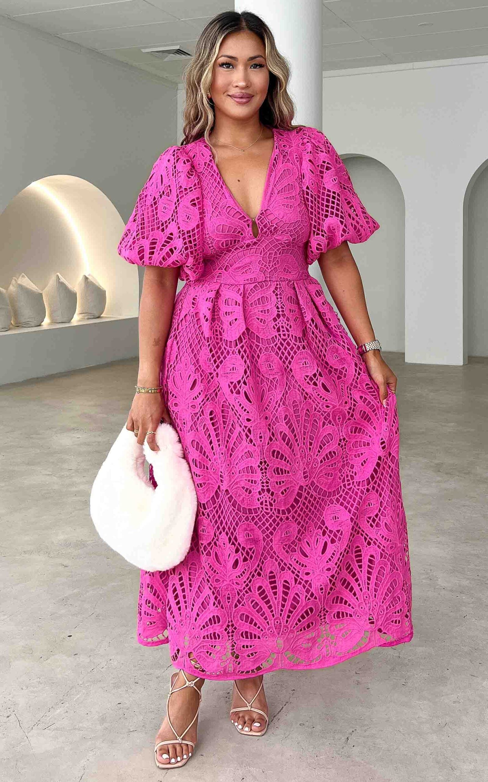 HAZELLE V NECK PUFF SLEEVE LACE MAXI DRESS - HOT PINK – By Amica