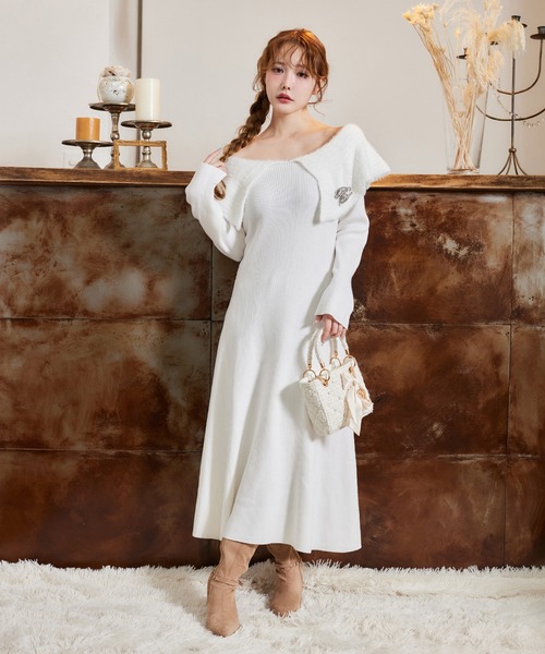 セール】ブローチ付きニットロングワンピース（ワンピース）｜one
