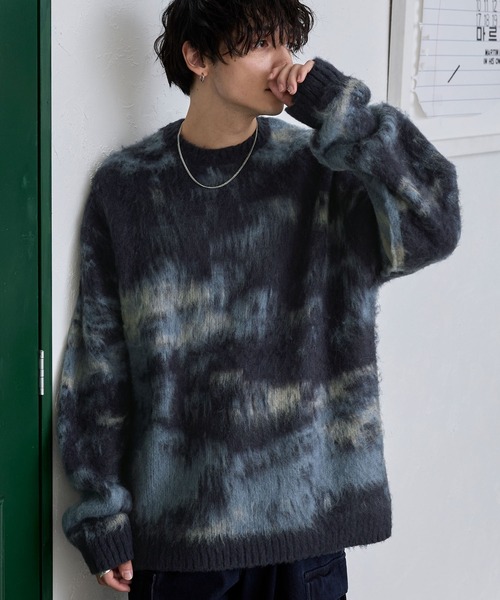 セール】アブストラクトシャギーモヘアライク ルーズクルーネック