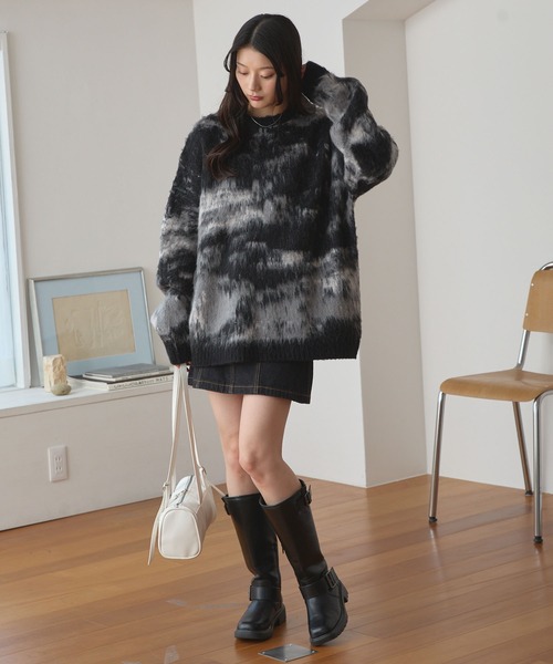 セール】アブストラクトシャギーモヘアライク ルーズクルーネック